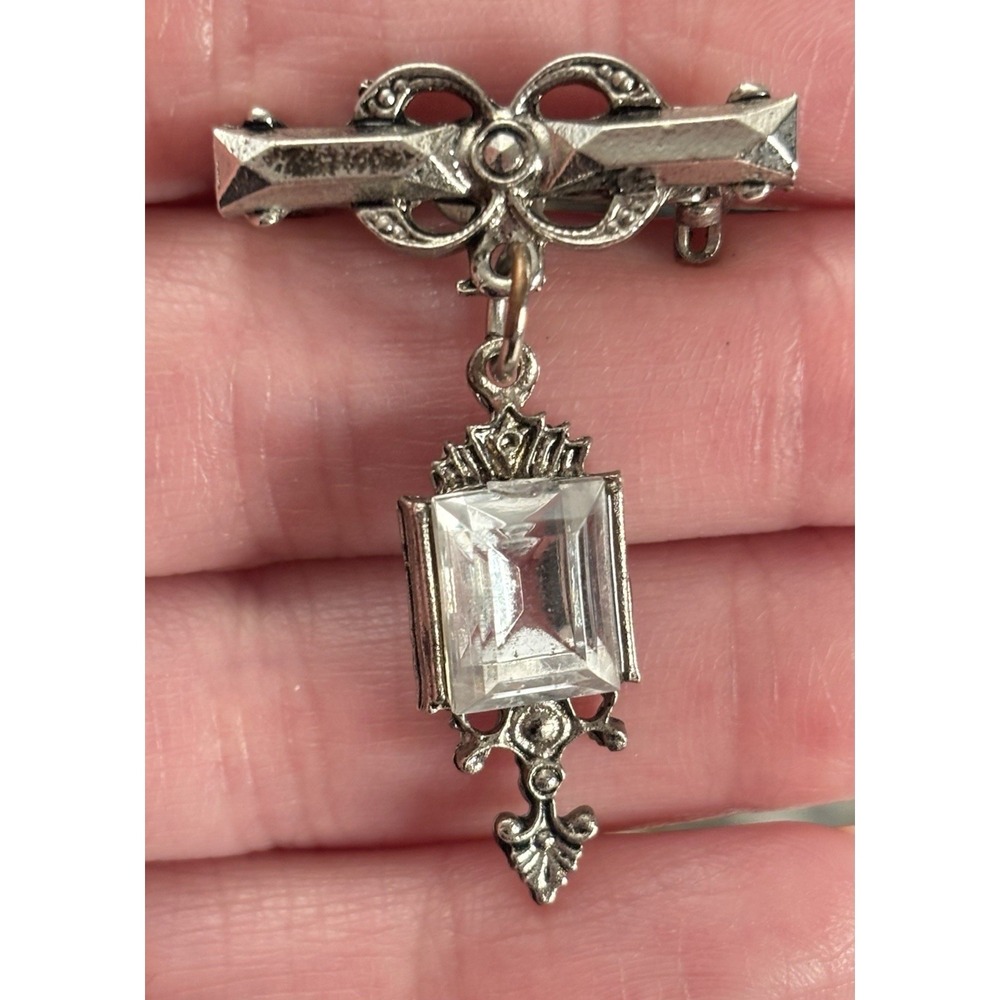 Vintage Lantern Style Brooch Silver Tone  With Clear Rhinestones